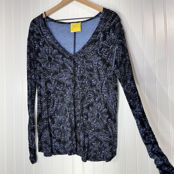 Free People Blue Linen Floral Hi-Low Long Ruched Sleeve Top S Boho Grunge Y2K - Picture 1 of 9